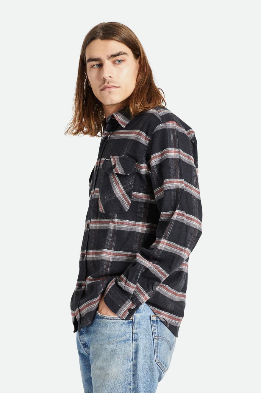 BRIXTON BOWERY STRETCH WATER RESISTANT FLANNEL - BLACK/CHARCOAL/BARN RED SHIRT BRIXTON   