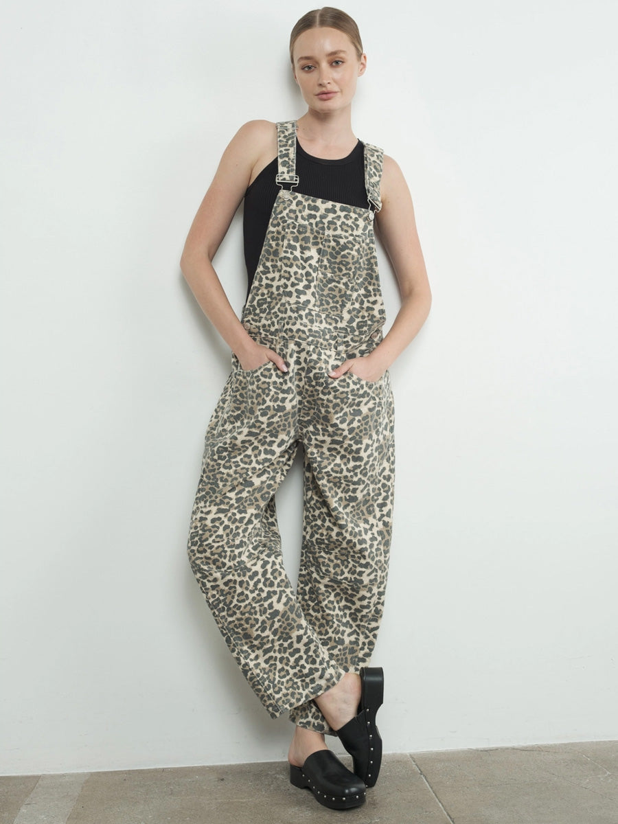 BARREL LEG RELAX FIT OVERALLS - ANIMAL PRINT PANT -