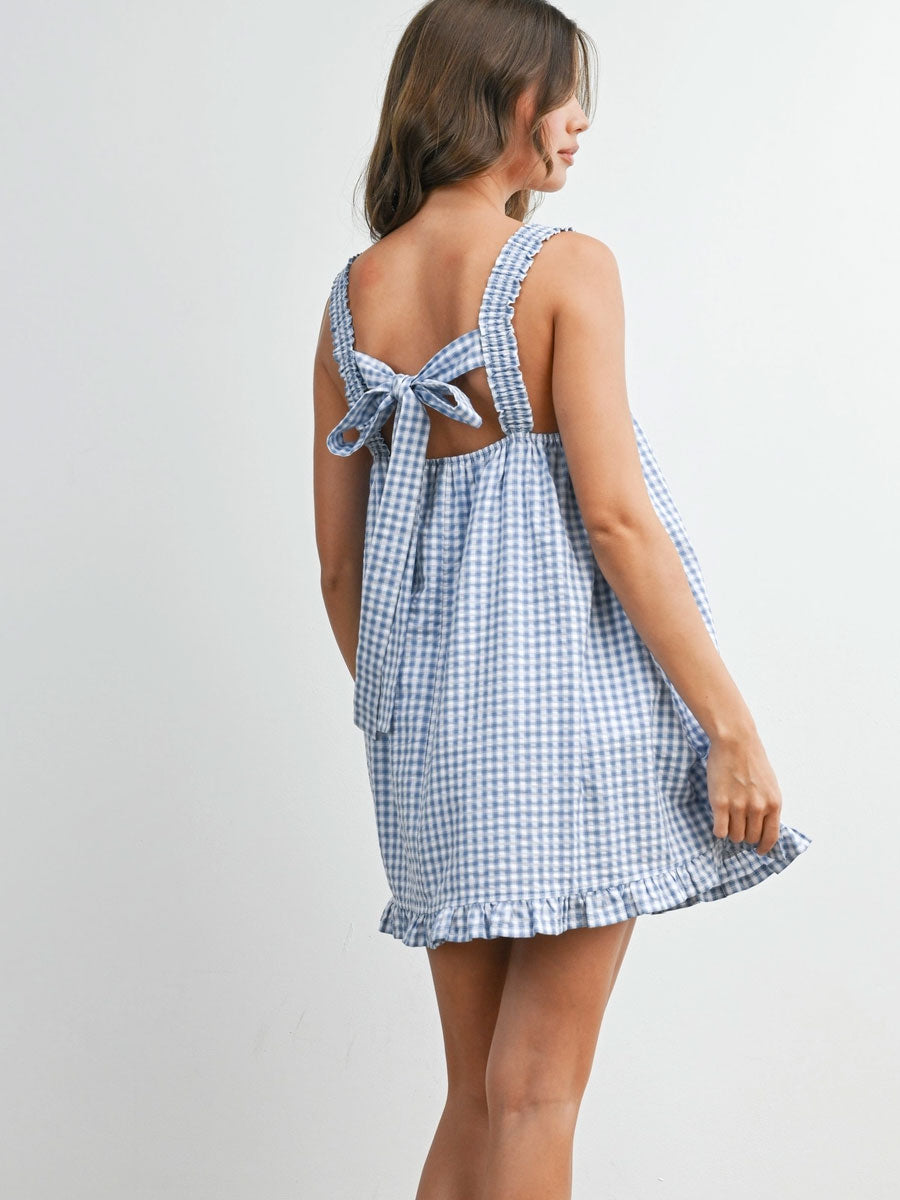 BACK TIE SMOCKED YOKE RUFFLE HEM DRESS - BLUE IVORY DRESSES OAK CLOTHING CO.