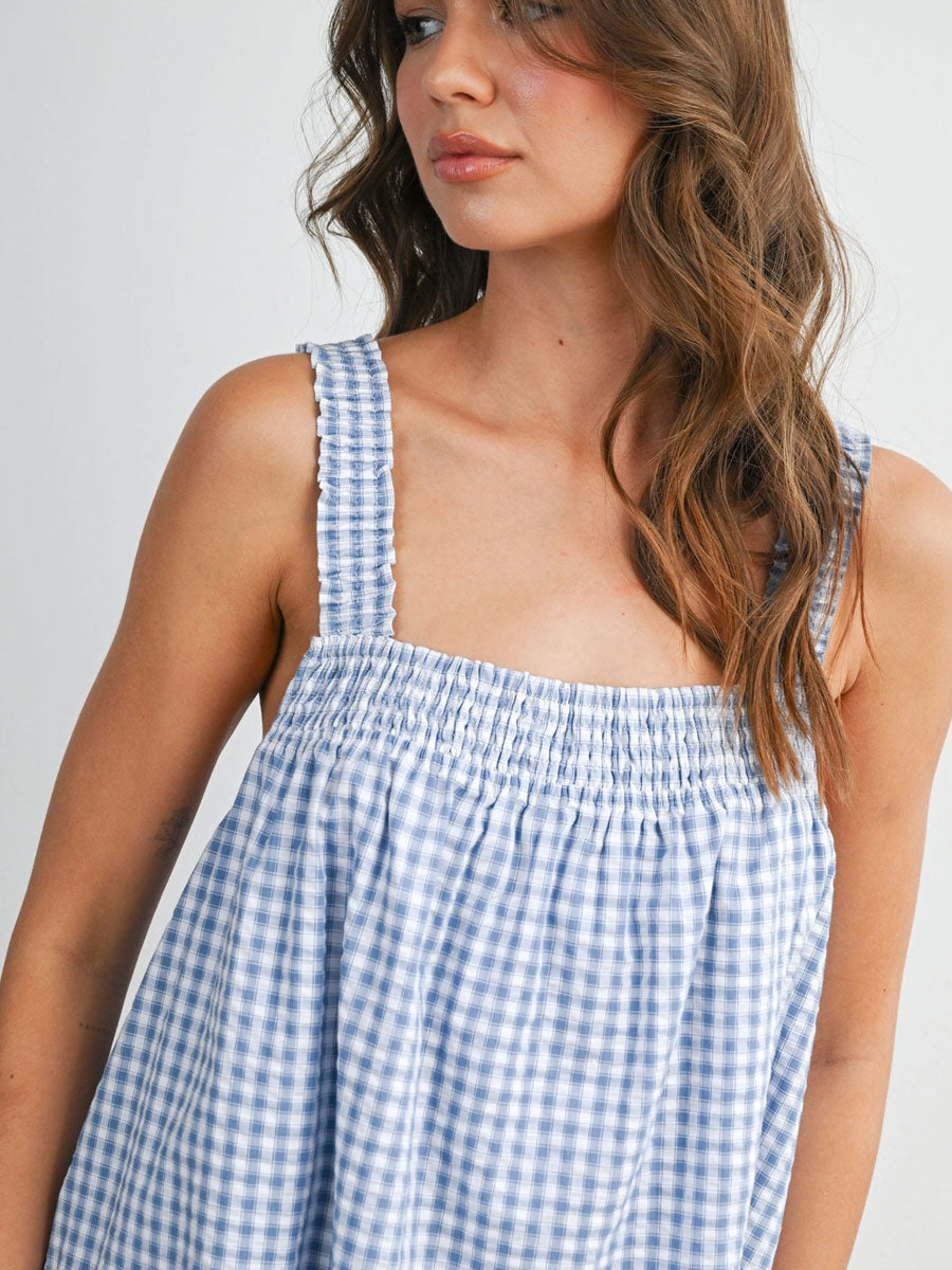 BACK TIE SMOCKED YOKE RUFFLE HEM DRESS - BLUE IVORY DRESSES OAK CLOTHING CO.