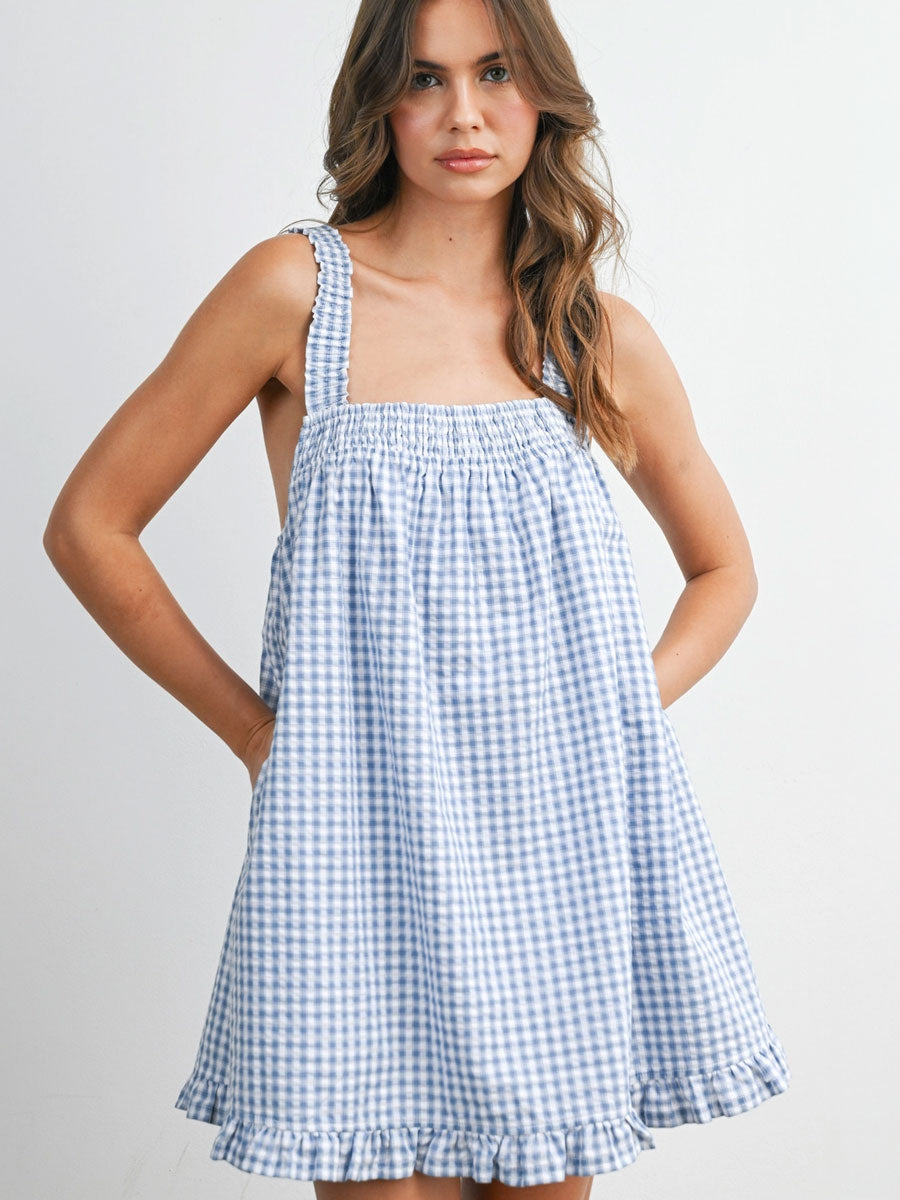 BACK TIE SMOCKED YOKE RUFFLE HEM DRESS - BLUE IVORY DRESSES OAK CLOTHING CO.