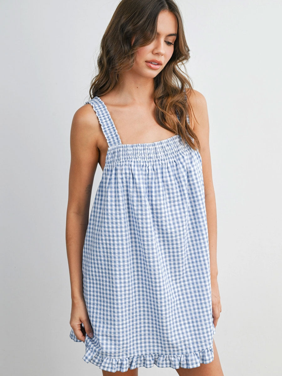 BACK TIE SMOCKED YOKE RUFFLE HEM DRESS - BLUE IVORY DRESSES OAK CLOTHING CO.