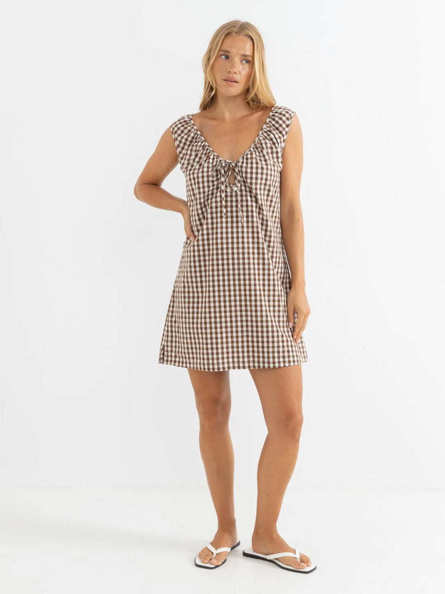RHYTHM BIRDIE GINGHAM MINI DRESS - BROWN DRESSES RHYTHM