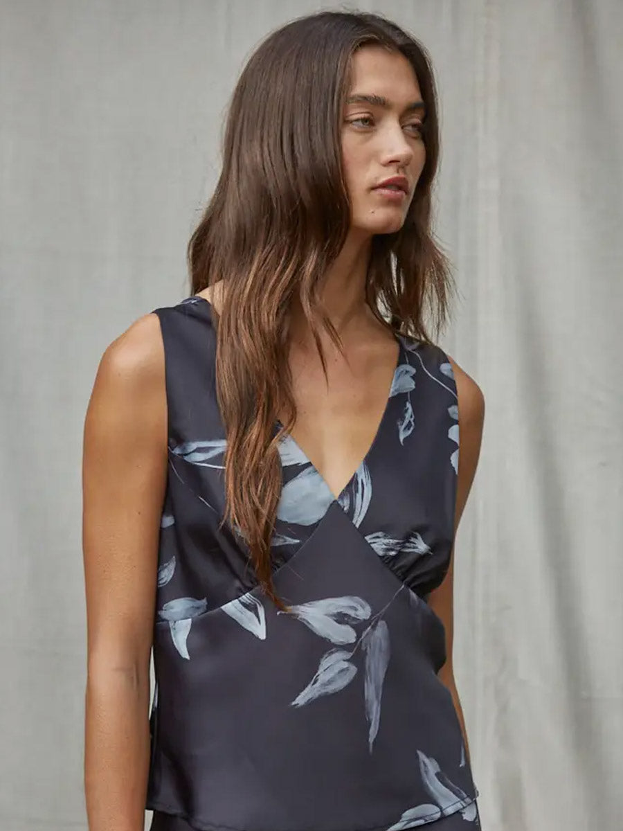WOVEN FLORAL PRINT SLEEVELESS TOP - BLACK/GREY