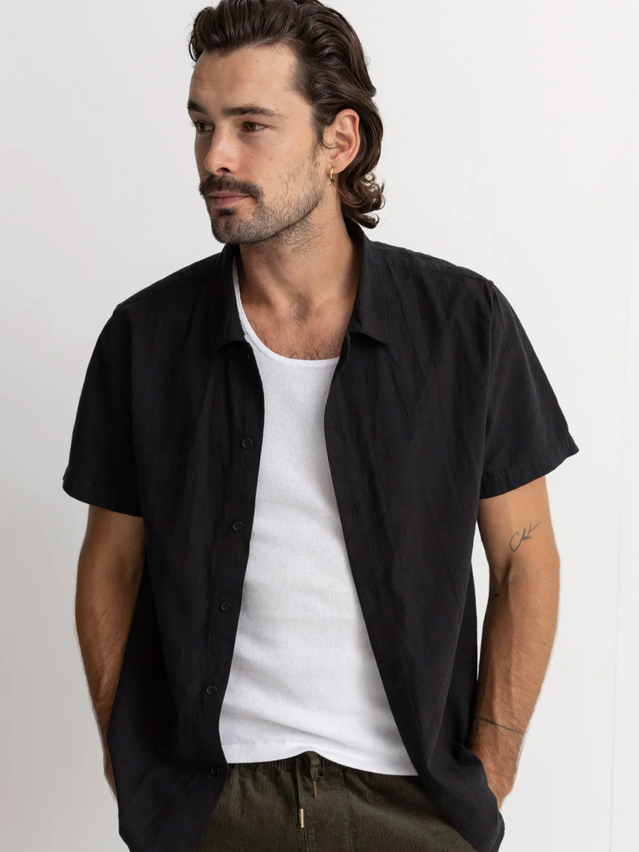 RHYTHM CLASSIC LINEN SHORT-SLEEVE SHIRT - VINTAGE BLACK SHIRTS RHYTHM