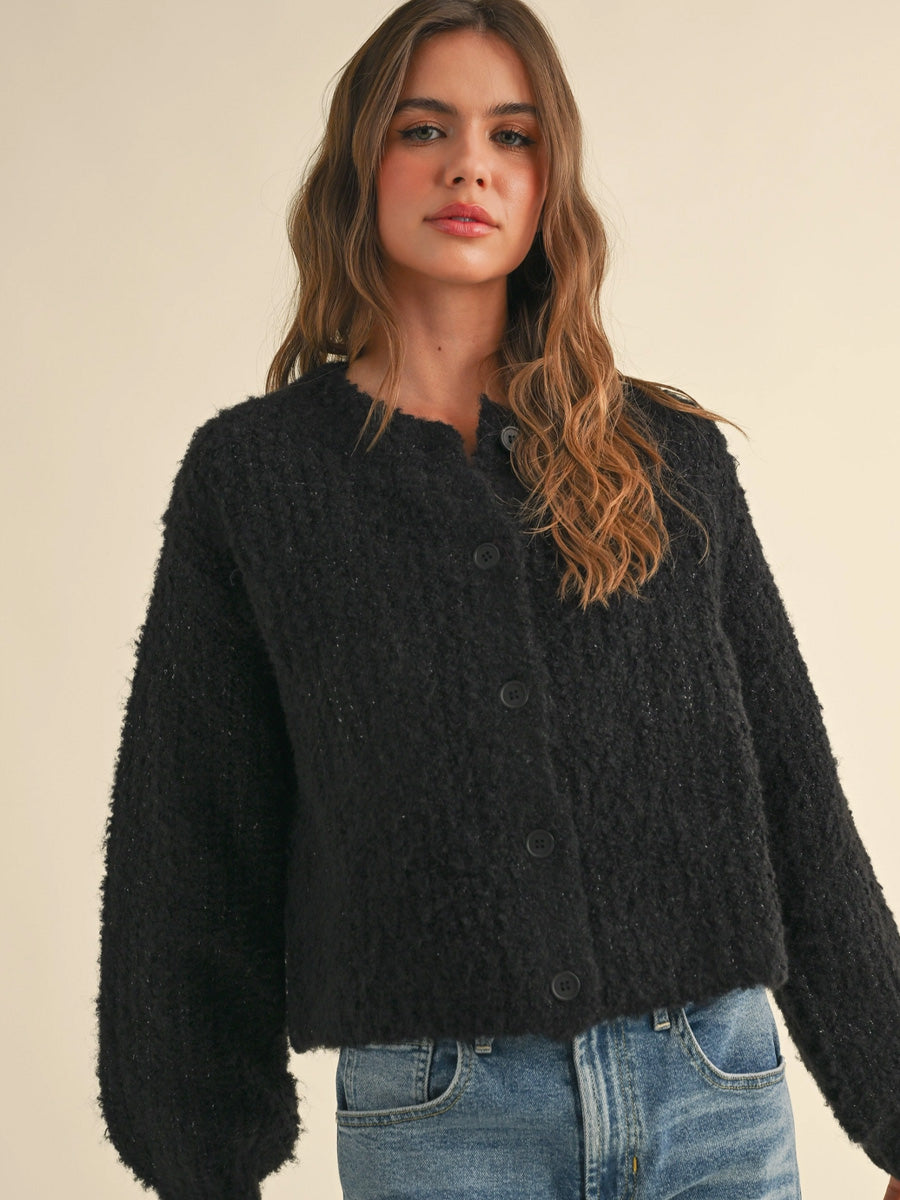 ROUND NECK BUTTON FRONT CARDIGAN - BLACK SWEATER -