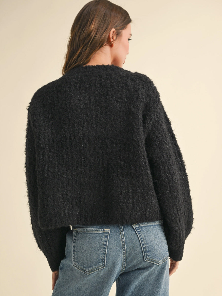 ROUND NECK BUTTON FRONT CARDIGAN - BLACK SWEATER -