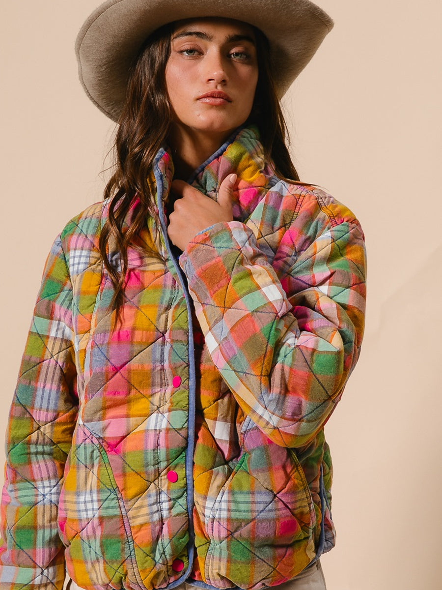 BLEACHED VINTAGE PLAID QUILTED JACKET WITH POCKETS - STAINED GLASS