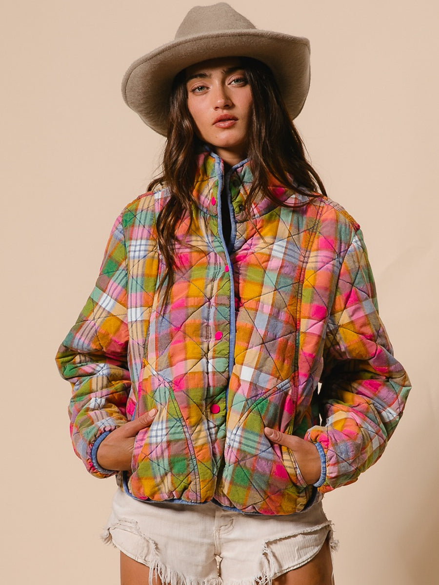 BLEACHED VINTAGE PLAID QUILTED JACKET WITH POCKETS - STAINED GLASS