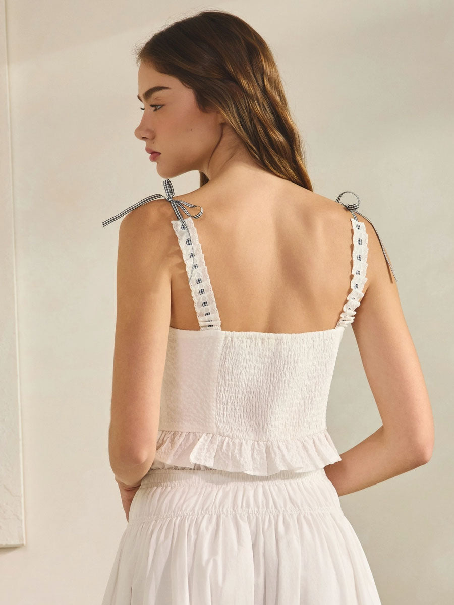 GINGHAM BOW CROPPED TANK - OFF WHITE TOPS OAK CLOTHING CO.