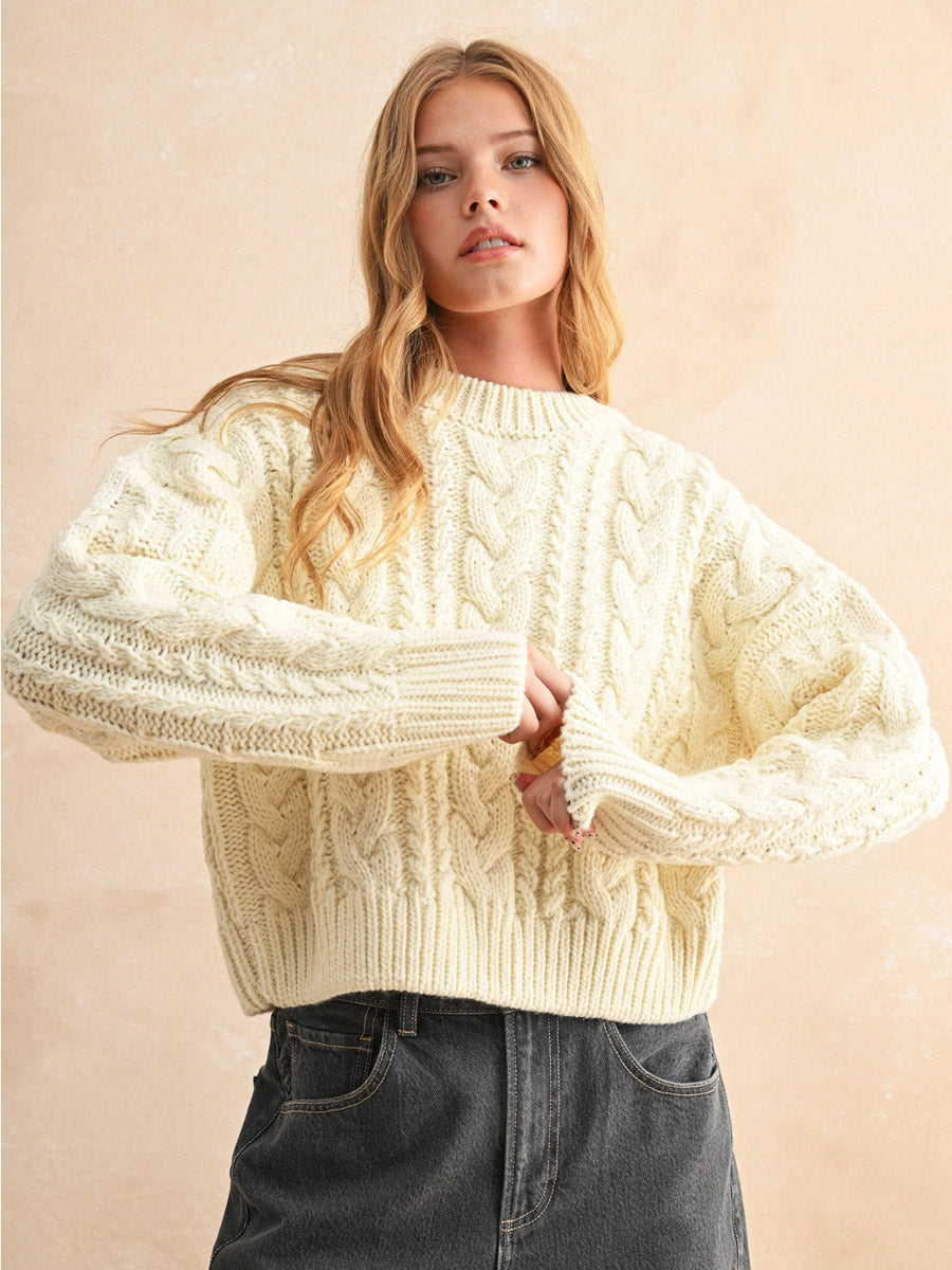 BRAIDED BACK CABLE KNIT SWEATER - CREAM SWEATER -