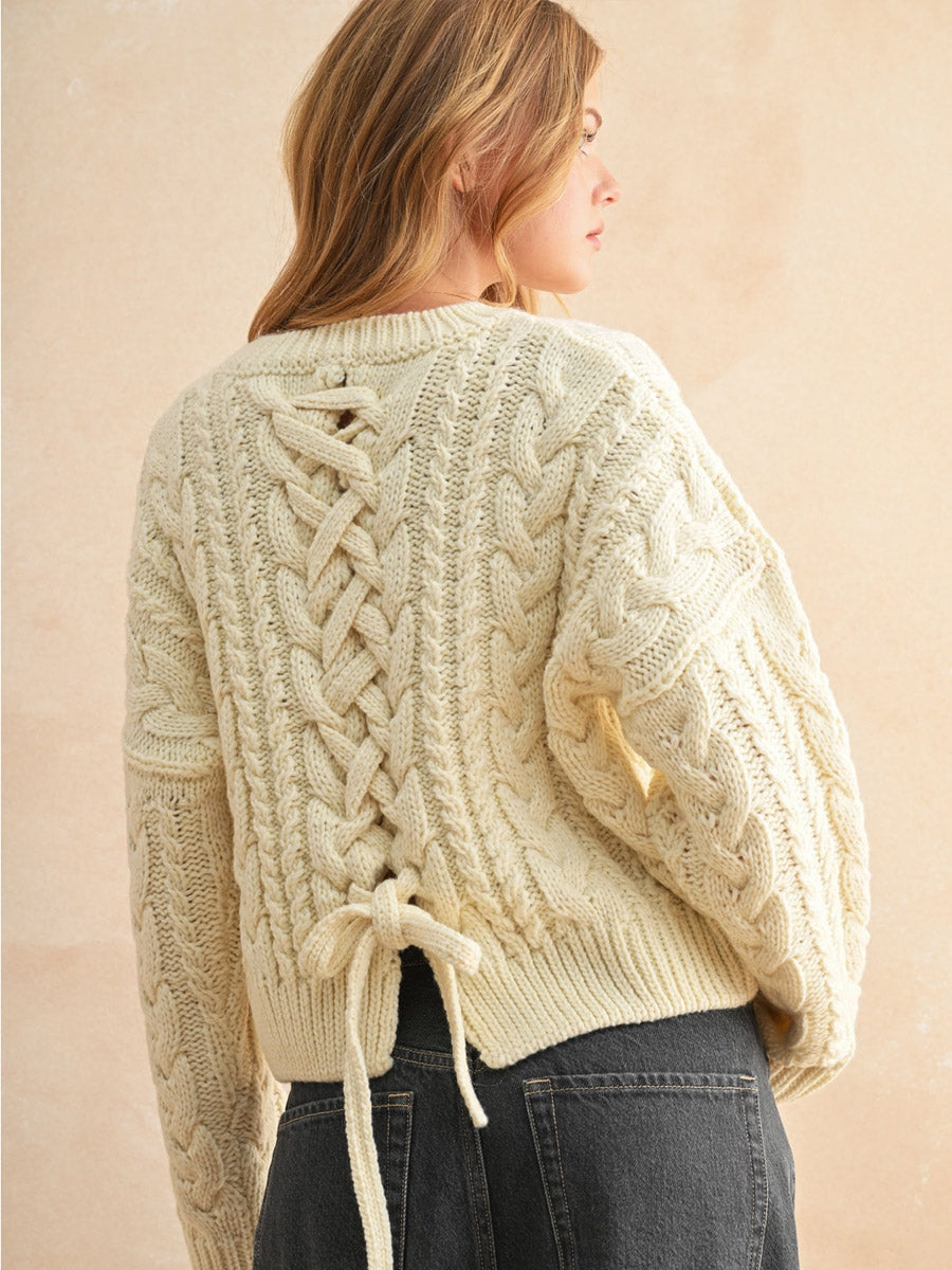 BRAIDED BACK CABLE KNIT SWEATER - CREAM SWEATER -