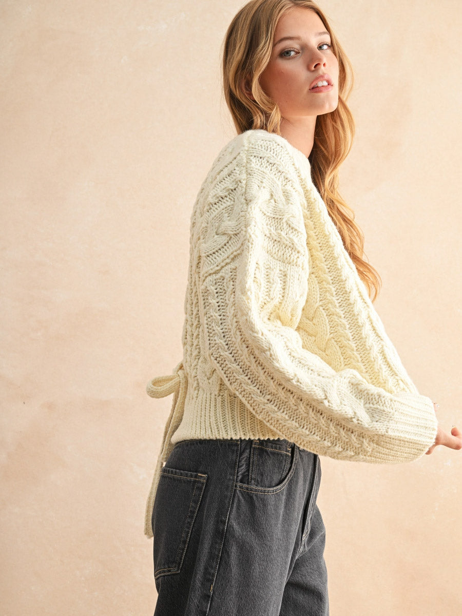 BRAIDED BACK CABLE KNIT SWEATER - CREAM SWEATER -