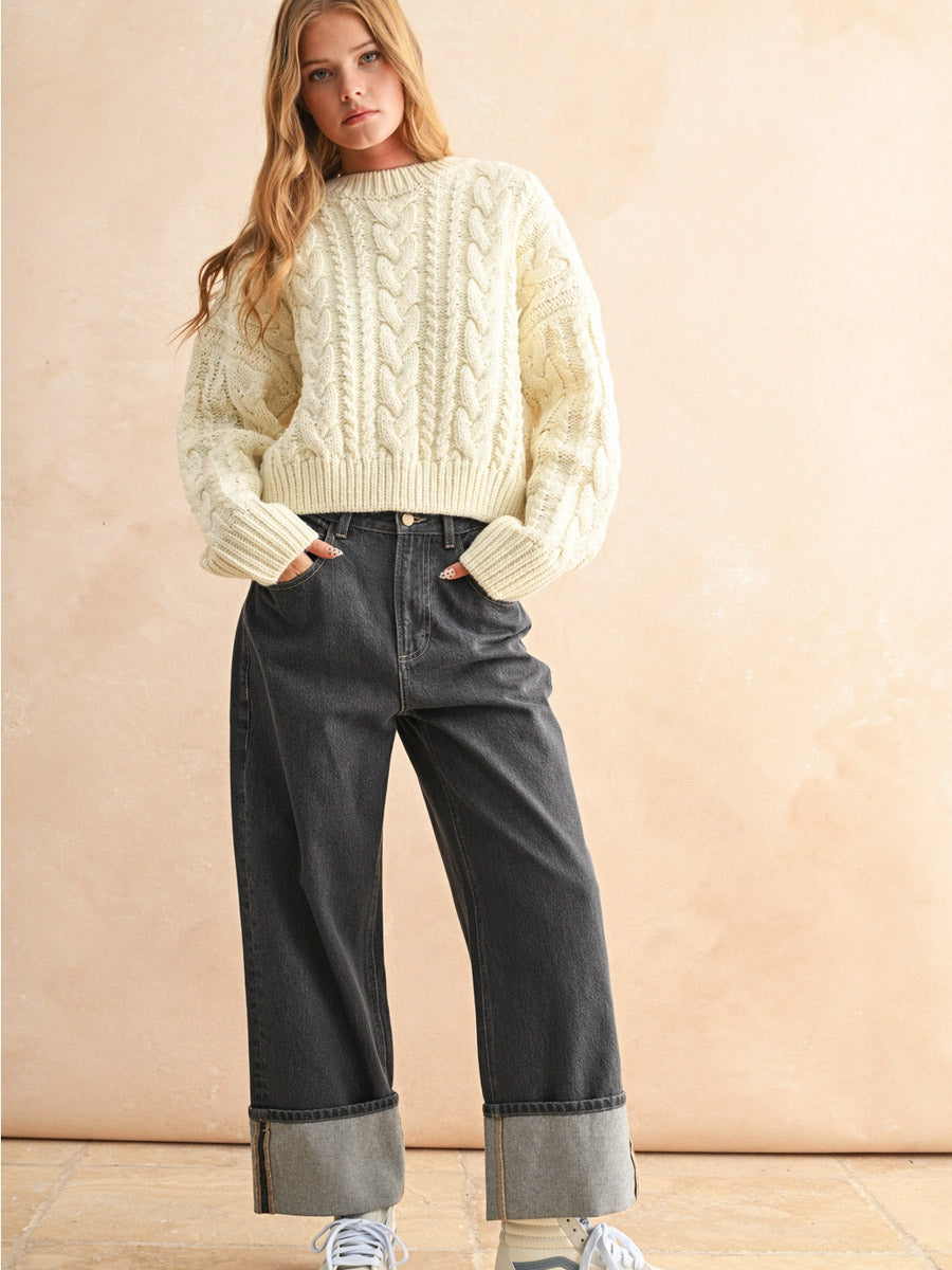 BRAIDED BACK CABLE KNIT SWEATER - CREAM SWEATER -