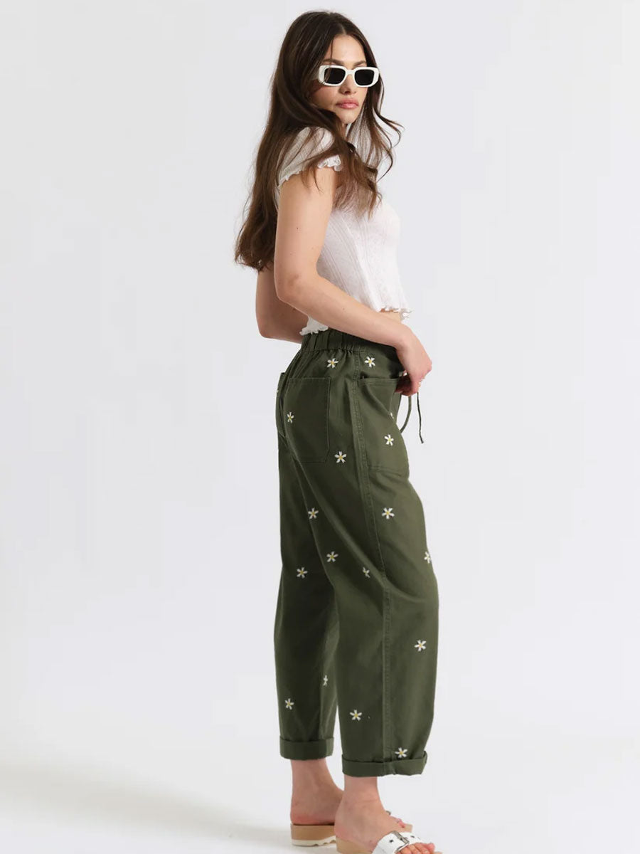 DAZE VILLA DRAWSTRING BARREL - BRONZE GREEN DAISY PANTS DAZE DENIM