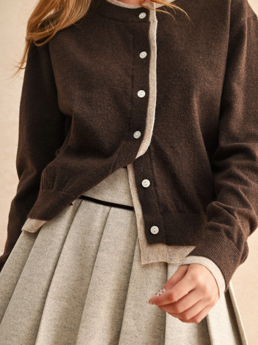 COLOR CONTRAST BUTTON FRONT CARDIGAN - BROWN/TAN SWEATER OAK CLOTHING CO.