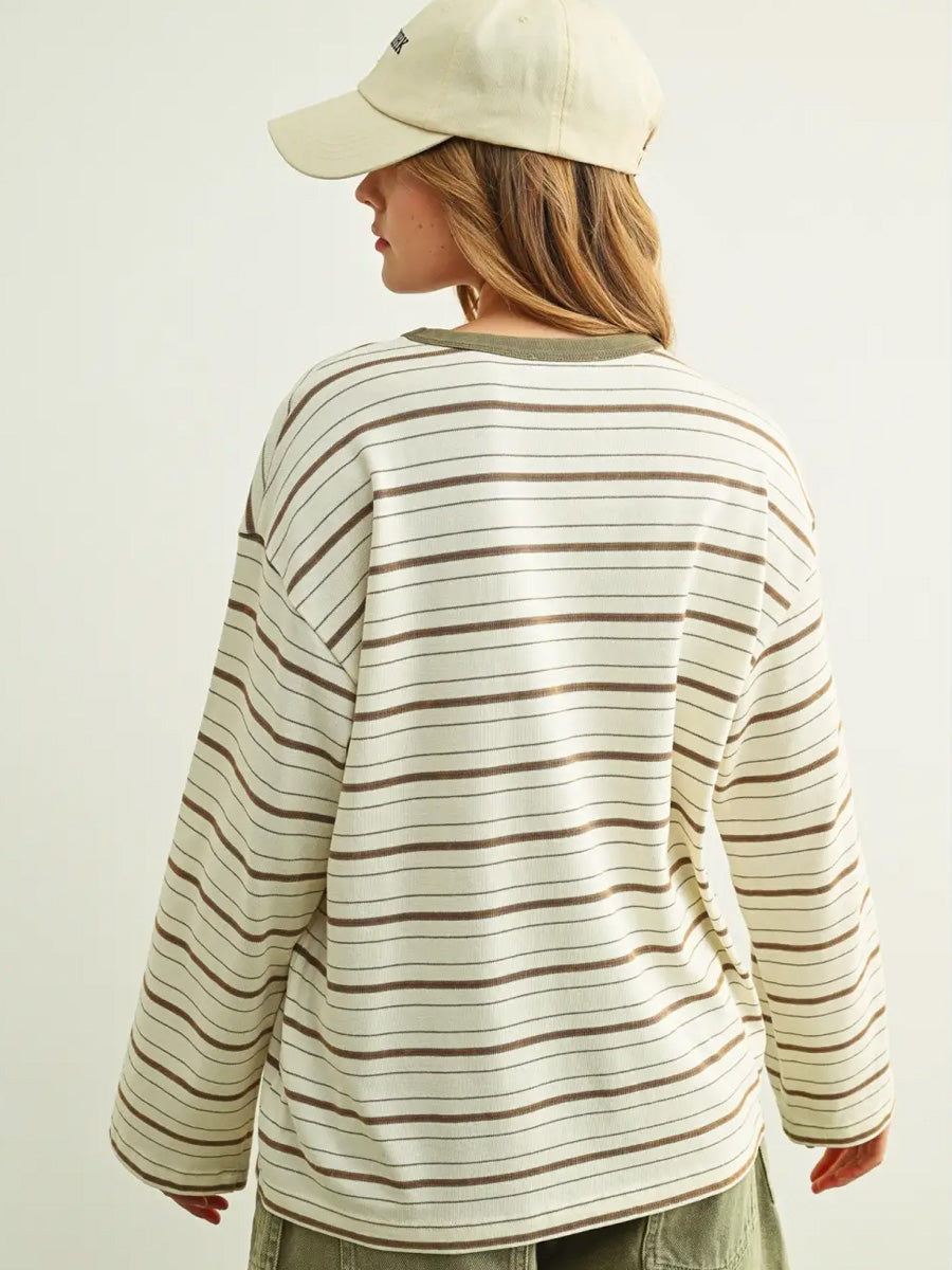 STRIPED PRINT LONG-SLEEVE ROUND NECK TOP - BROWN