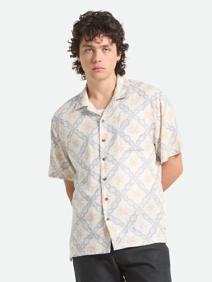 BRIXTON BUNKER SLUB SHORT-SLEEVE SHIRT - WHITE/BLUE TILE SHIRTS BRIXTON