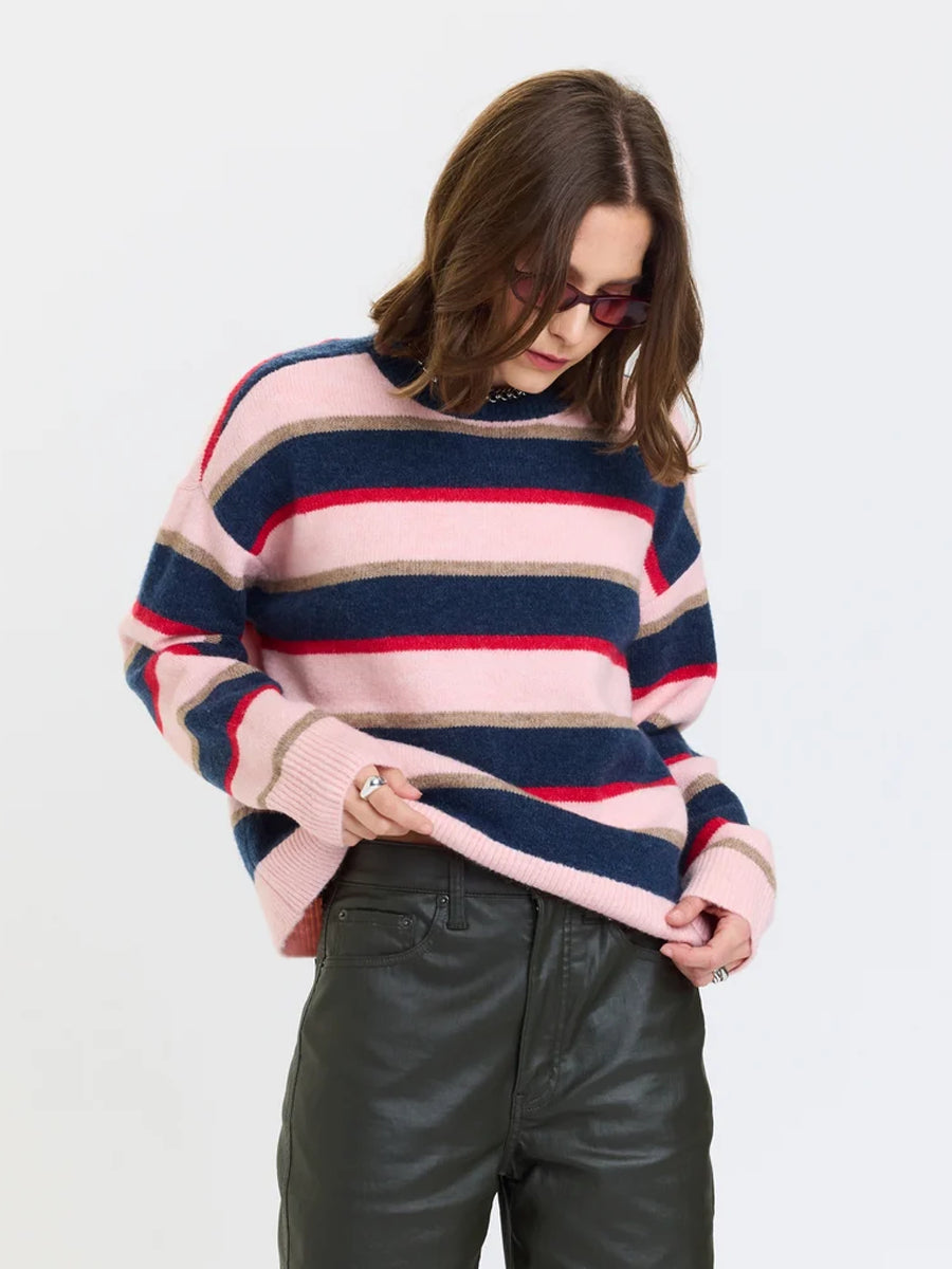 DAZE DENIM CARLYLE EVERYDAY CREW NECK SWEATER - CORAL STRIPE