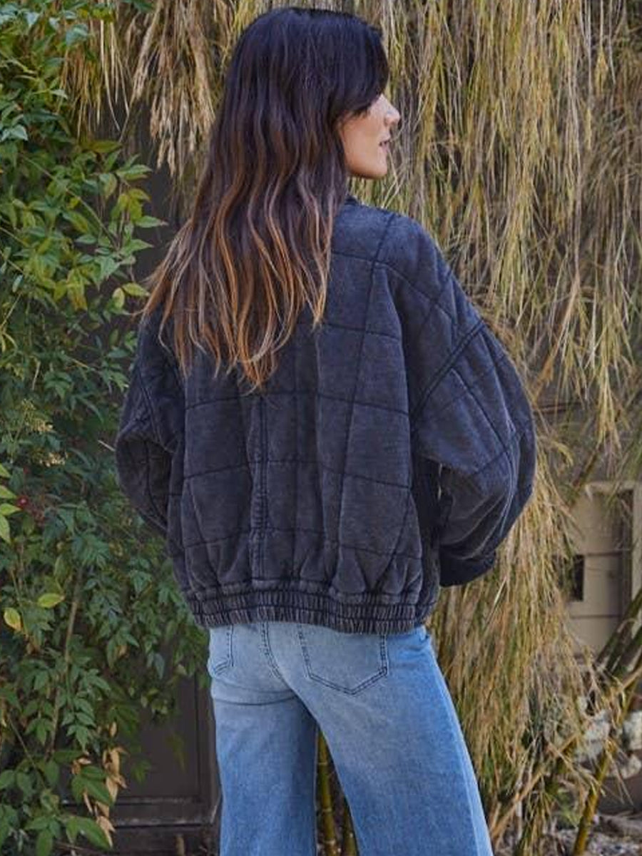 LONG SLEEVE QUILTED KNIT MINERAL WASHED JACKET - CHARCOAL