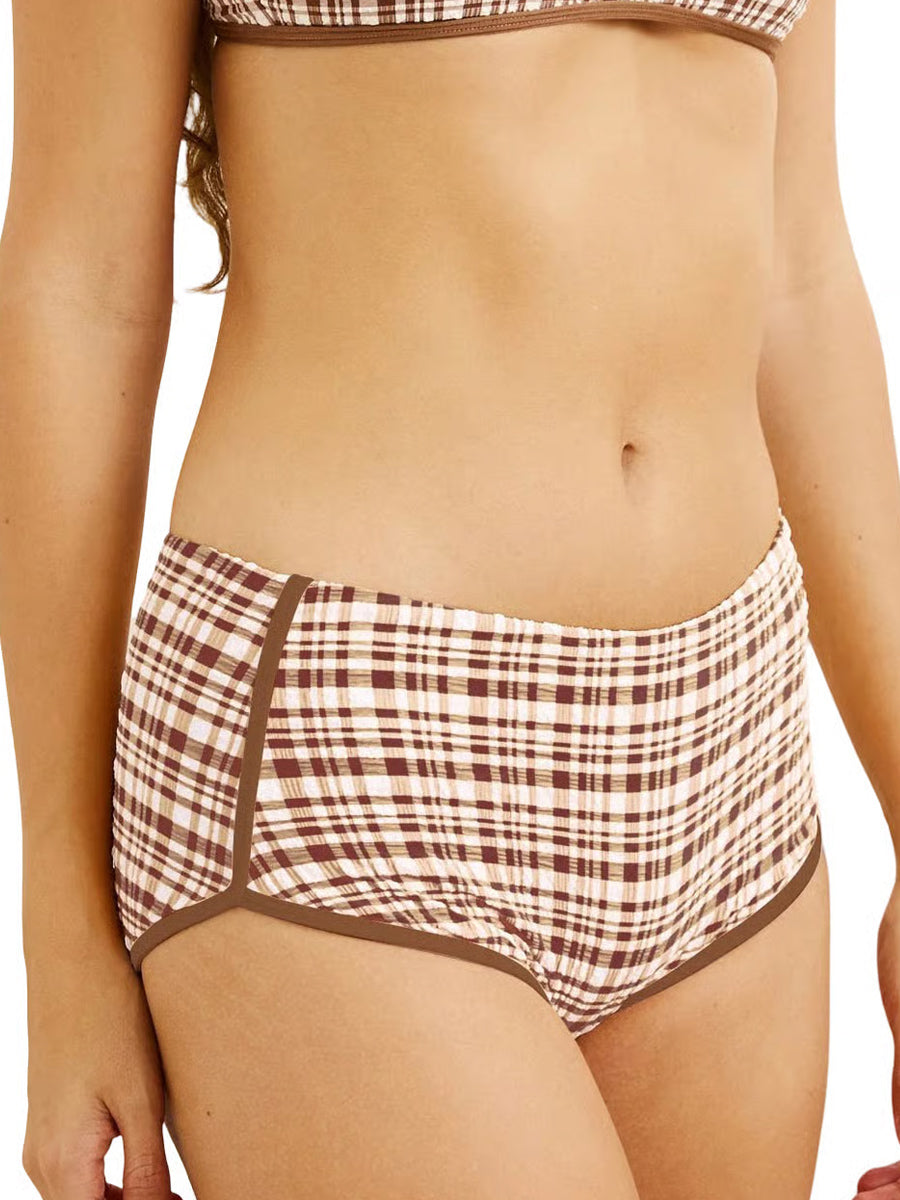 RHYTHM LONDON CHECK BOYLEG BIKINI BOTTOM - CHOCOLATE