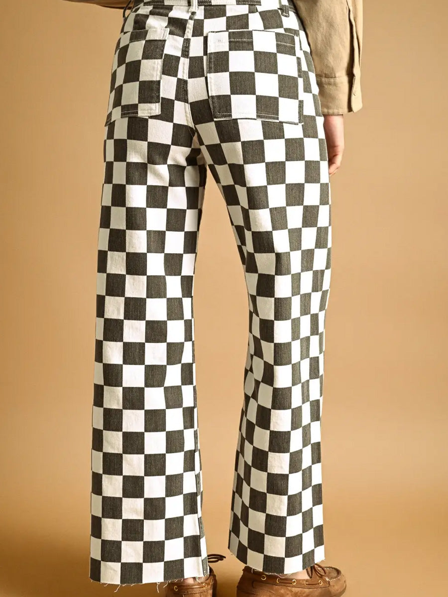 CHECKER BOARD STRETCH PANTS - CHARCOAL