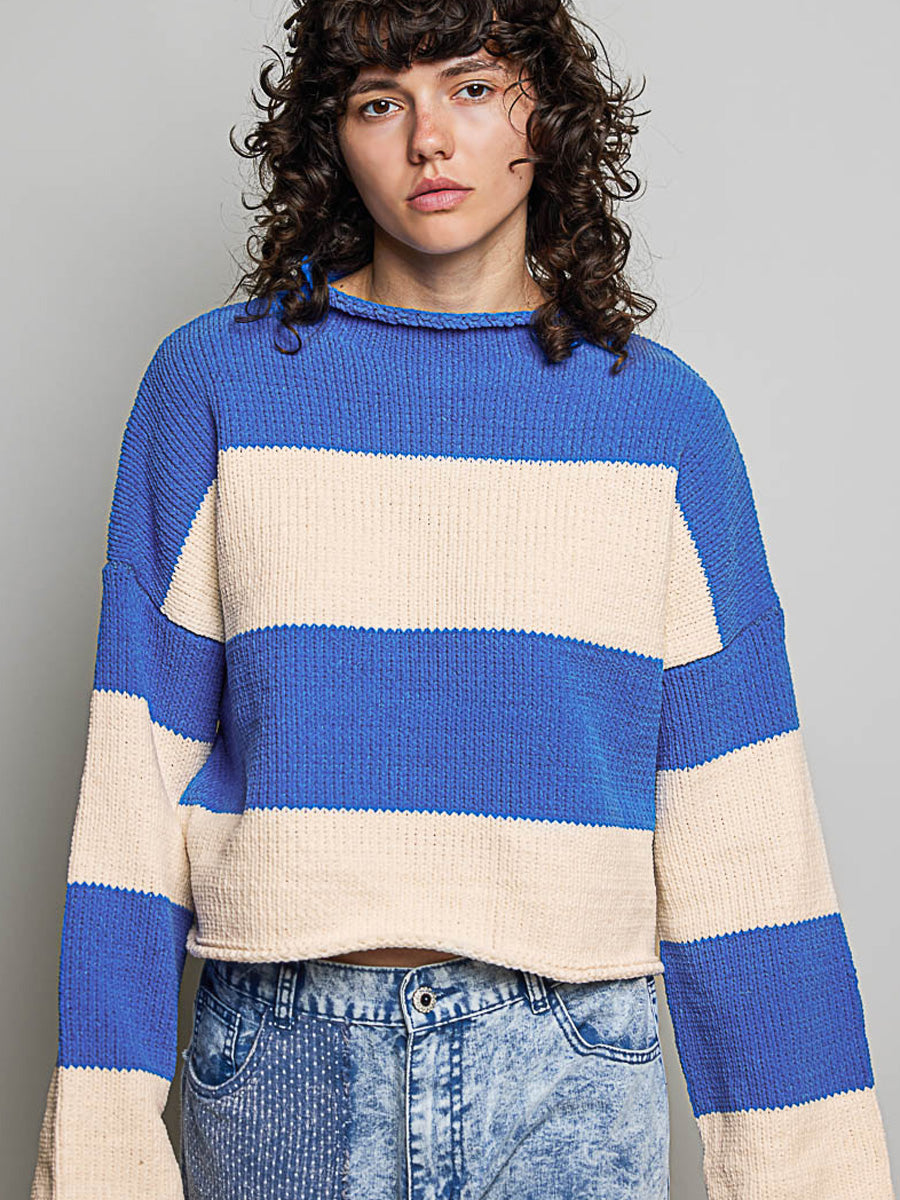 STRIPED PATTERN CHENILLE SWEATER - BLUE / CREAM SWEATERS OAK CLOTHING CO.