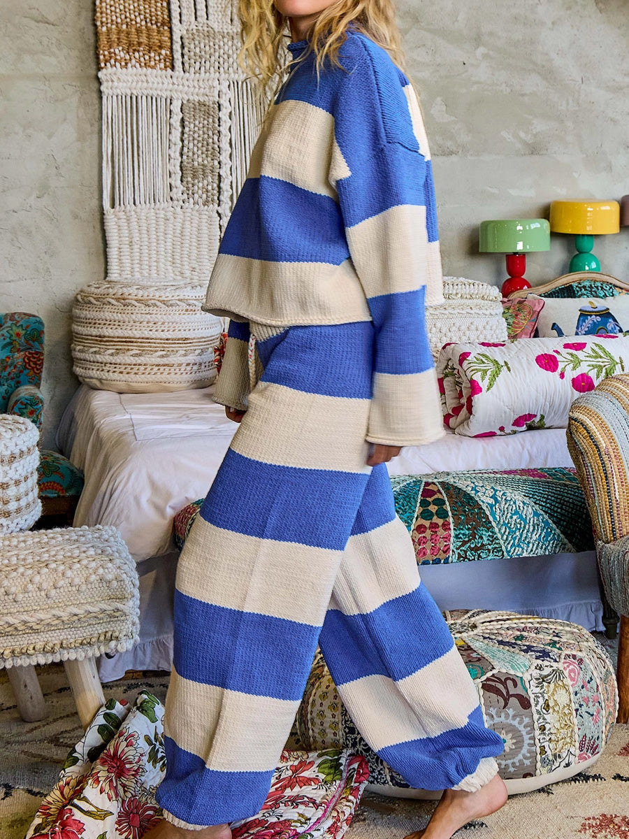 STRIPED PATTERN CHENILLE PANTS - BLUE / CREAM PANTS OAK CLOTHING CO.