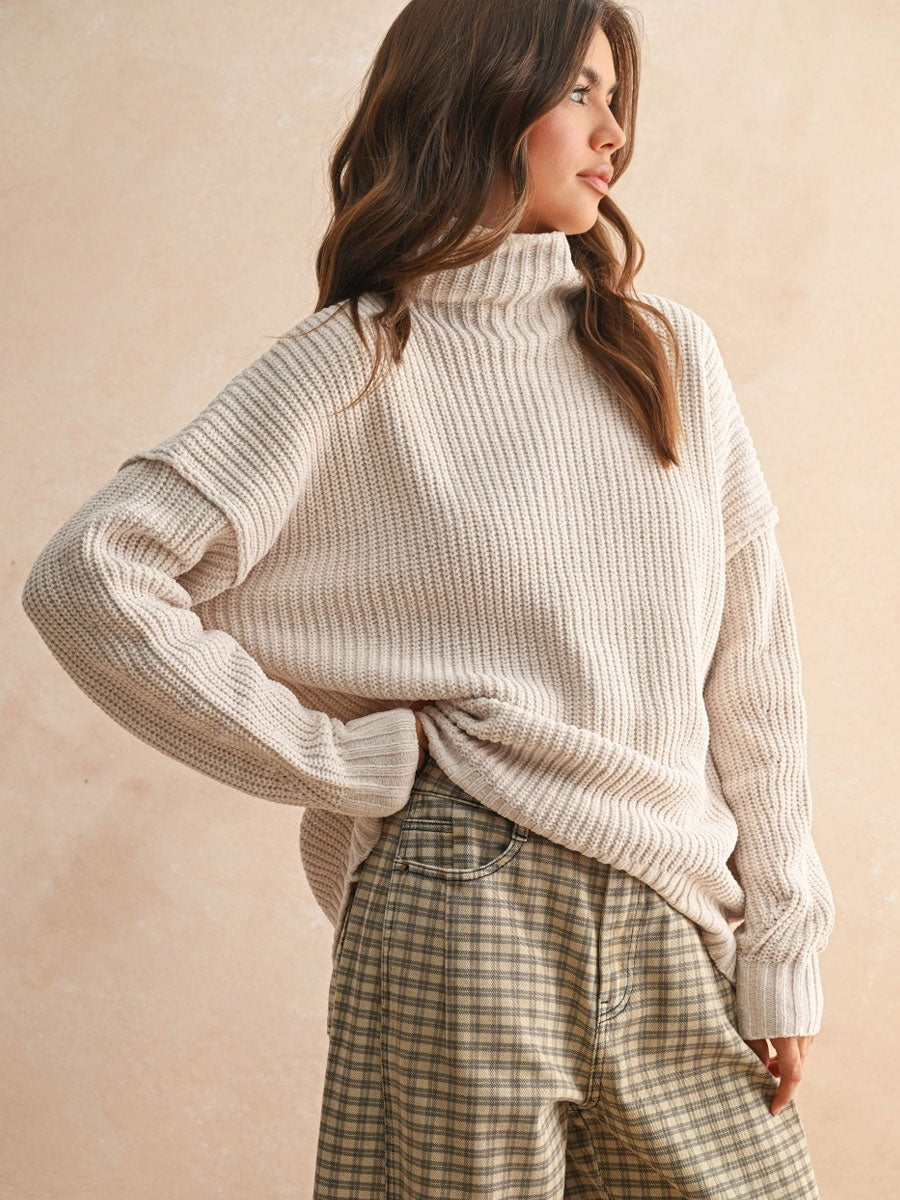 CHENILLE HIGH NECK SWEATER - CREAM SWEATER -