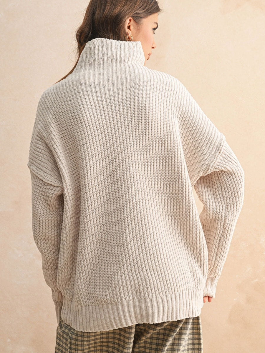 CHENILLE HIGH NECK SWEATER - CREAM SWEATER -