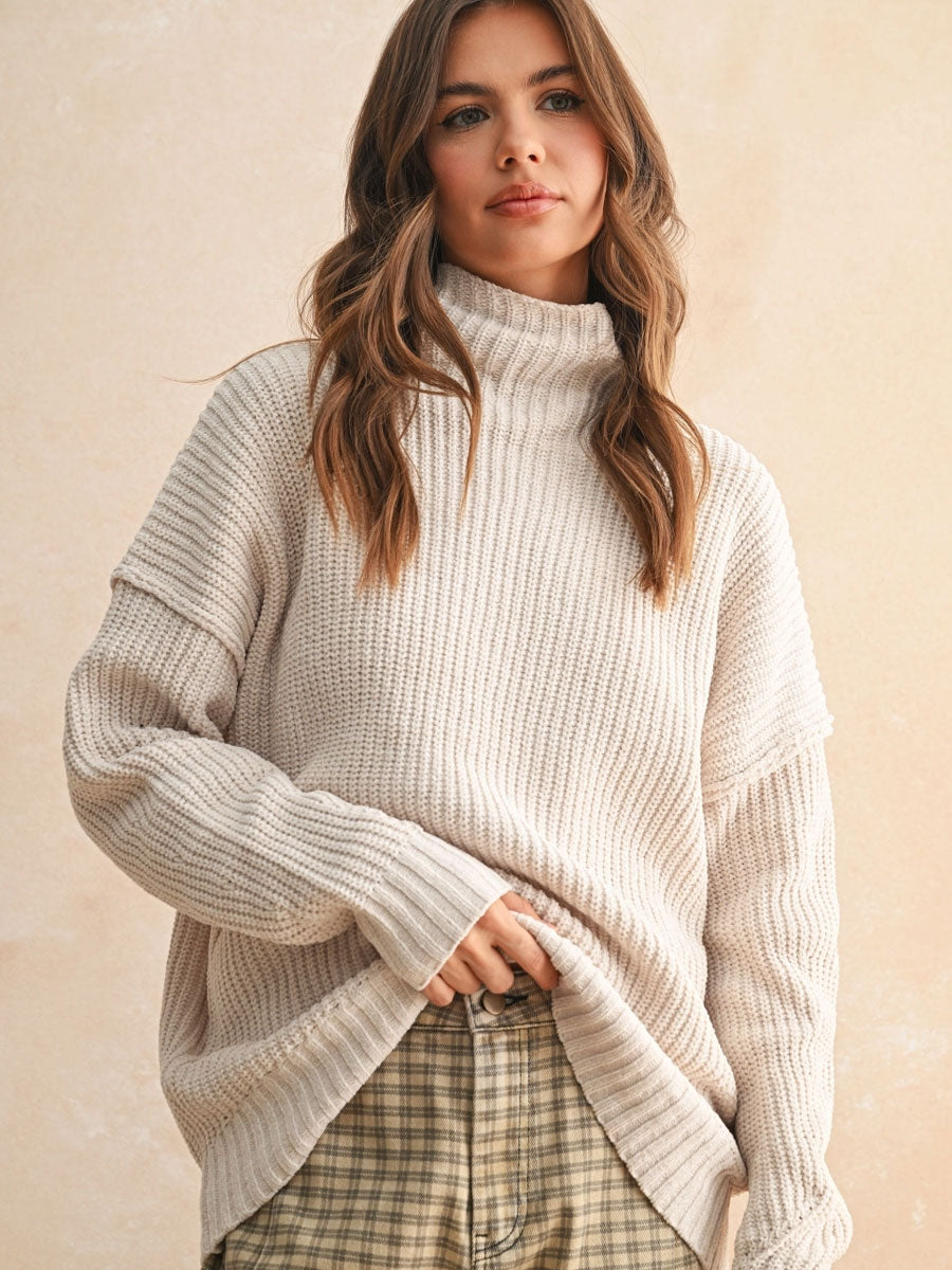 CHENILLE HIGH NECK SWEATER - CREAM SWEATER -