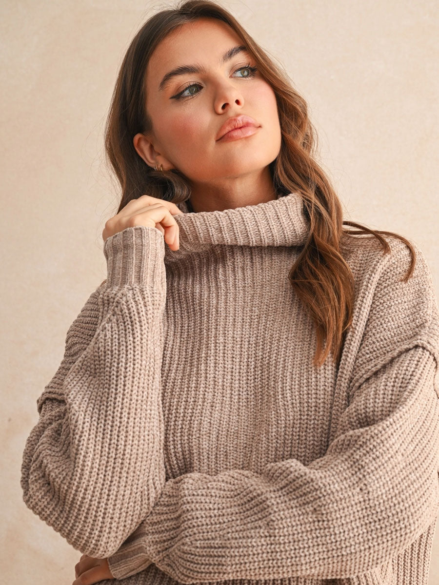 CHENILLE HIGH NECK SWEATER - SAND SWEATER -