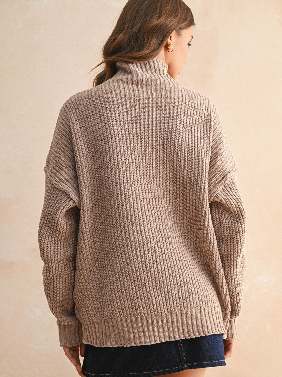 CHENILLE HIGH NECK SWEATER - SAND SWEATER -