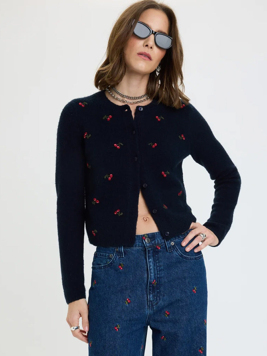 DAZE DENIM MUSE EMBROIDERED FITTED CARDIGAN - CHERRY | OAK CLOTHING CO