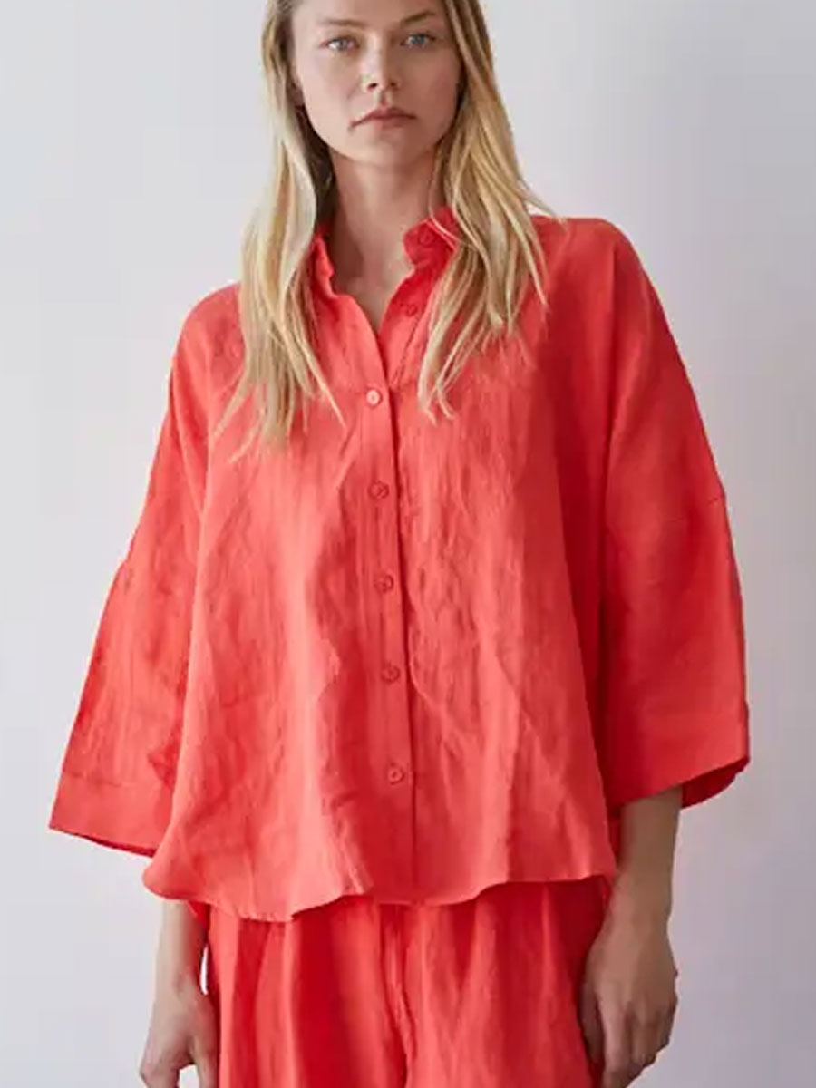 WOVEN LINEN BUTTON DOWN SHIRT - CHILI PEPPER