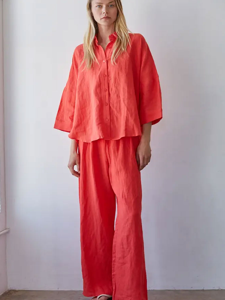 WOVEN LINEN BUTTON DOWN SHIRT - CHILI PEPPER