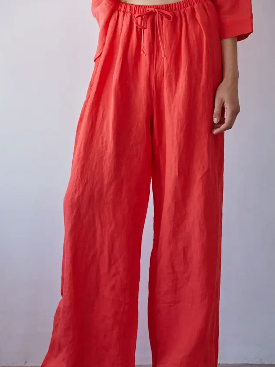 WOVEN LINEN WIDE LEG PANTS WITH TIE STRAP - CHILI PEPPER
