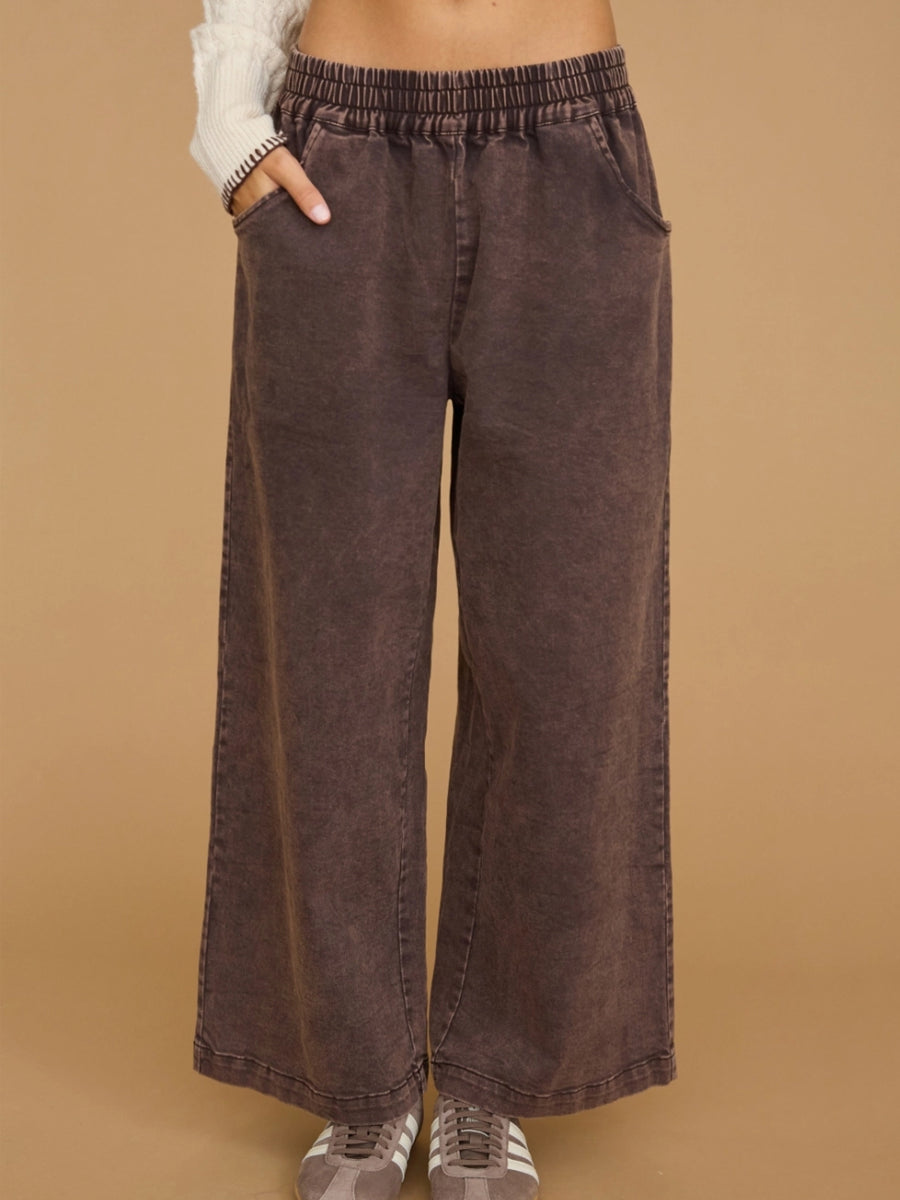 WASHED PULL ON WIDE LEG PANTS - CHOCOLATE PANTS OAK CLOTHING CO.