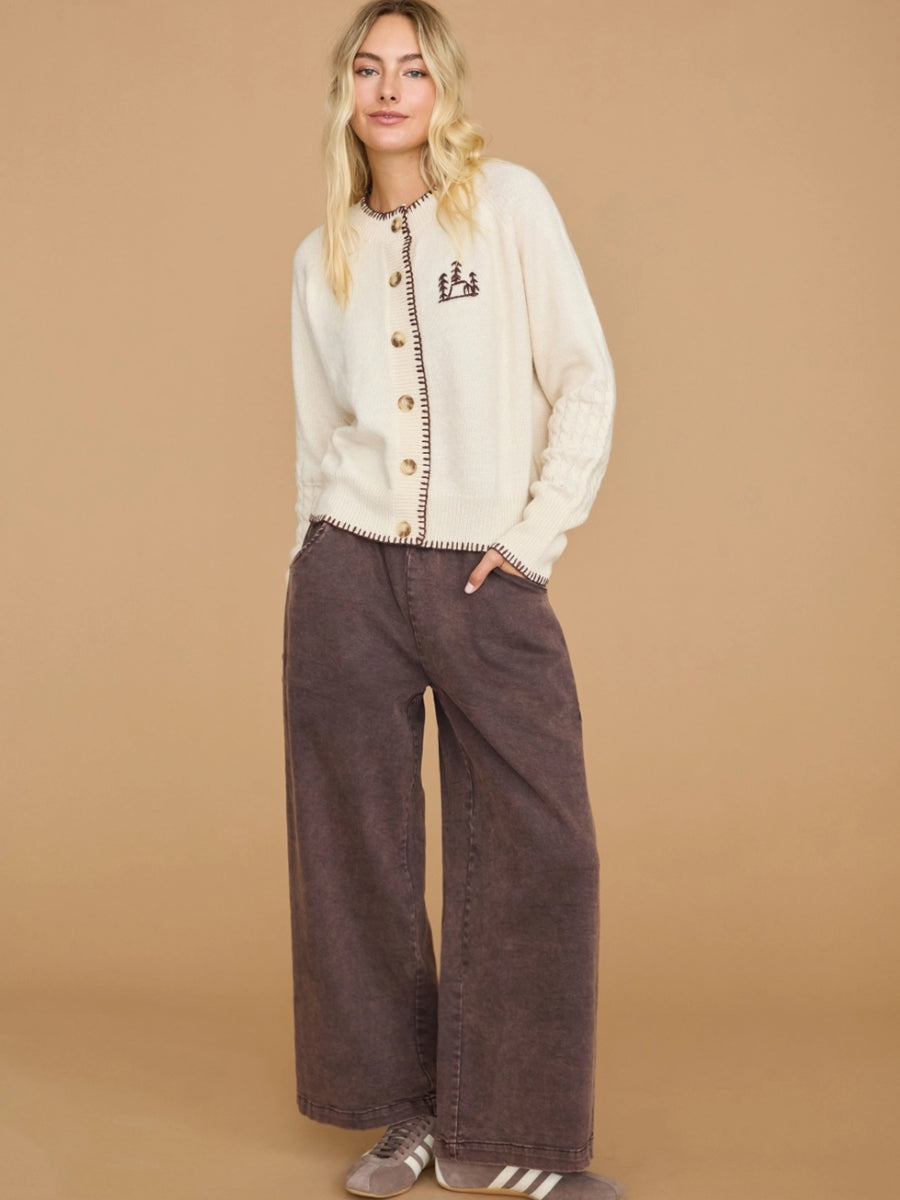 WASHED PULL ON WIDE LEG PANTS - CHOCOLATE PANTS OAK CLOTHING CO.