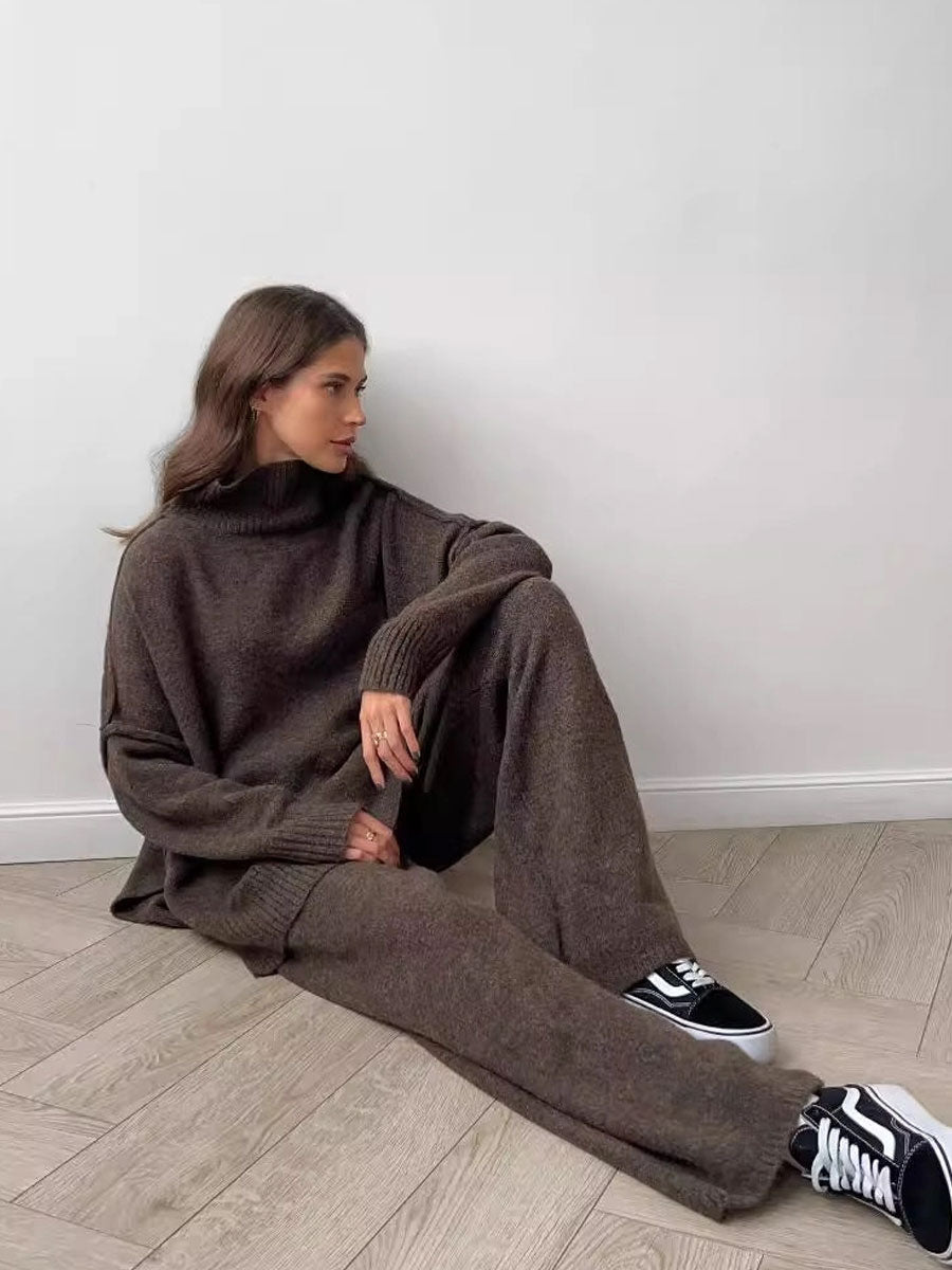 KNIT SIDE SLIT TURTLENECK SWEATER - COFFEE SWEATER -