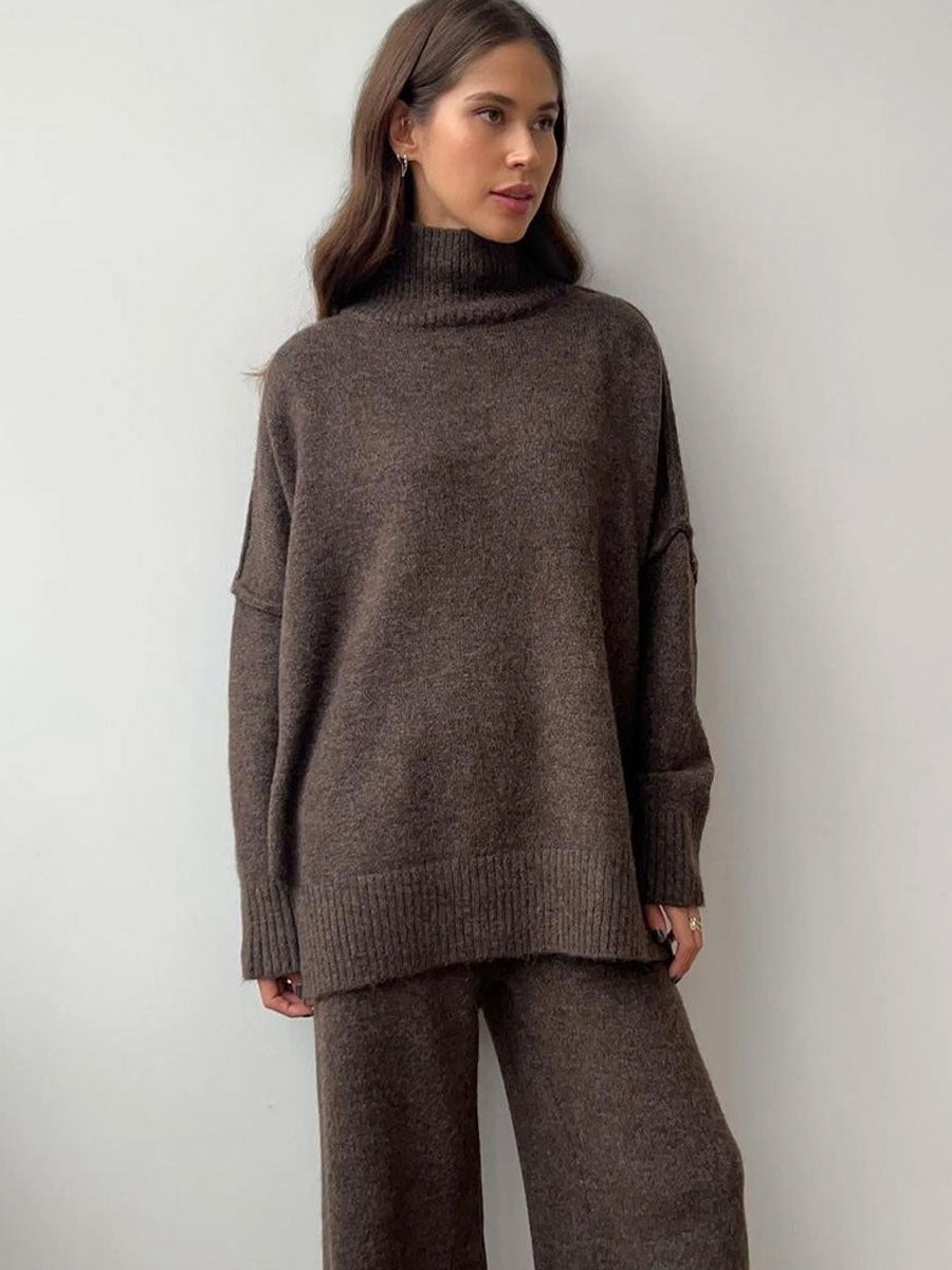 KNIT SIDE SLIT TURTLENECK SWEATER - COFFEE SWEATER -