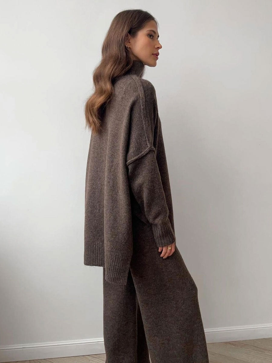 KNIT SIDE SLIT TURTLENECK SWEATER - COFFEE SWEATER -