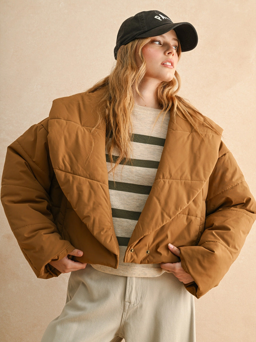 BIG COLLARD PUFFER JACKET - COFFEE JACKET -