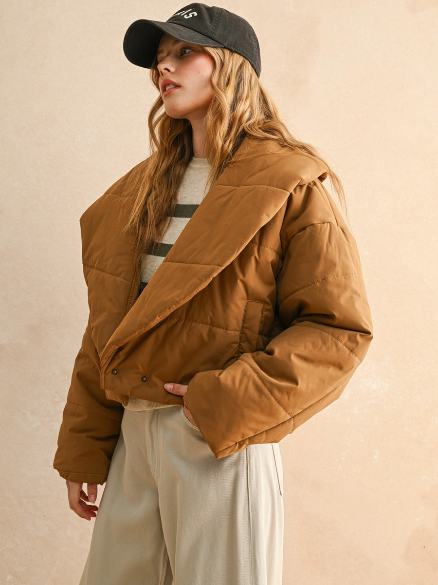 BIG COLLARD PUFFER JACKET - COFFEE JACKET -
