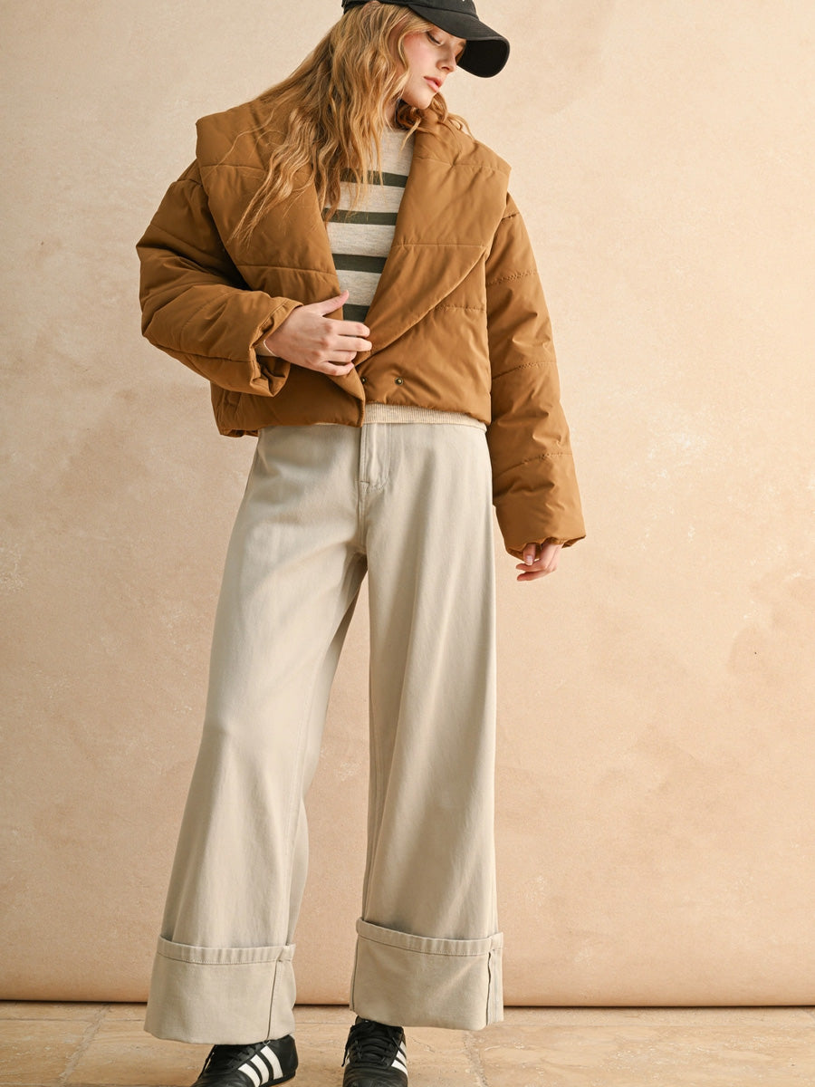 BIG COLLARD PUFFER JACKET - COFFEE JACKET -