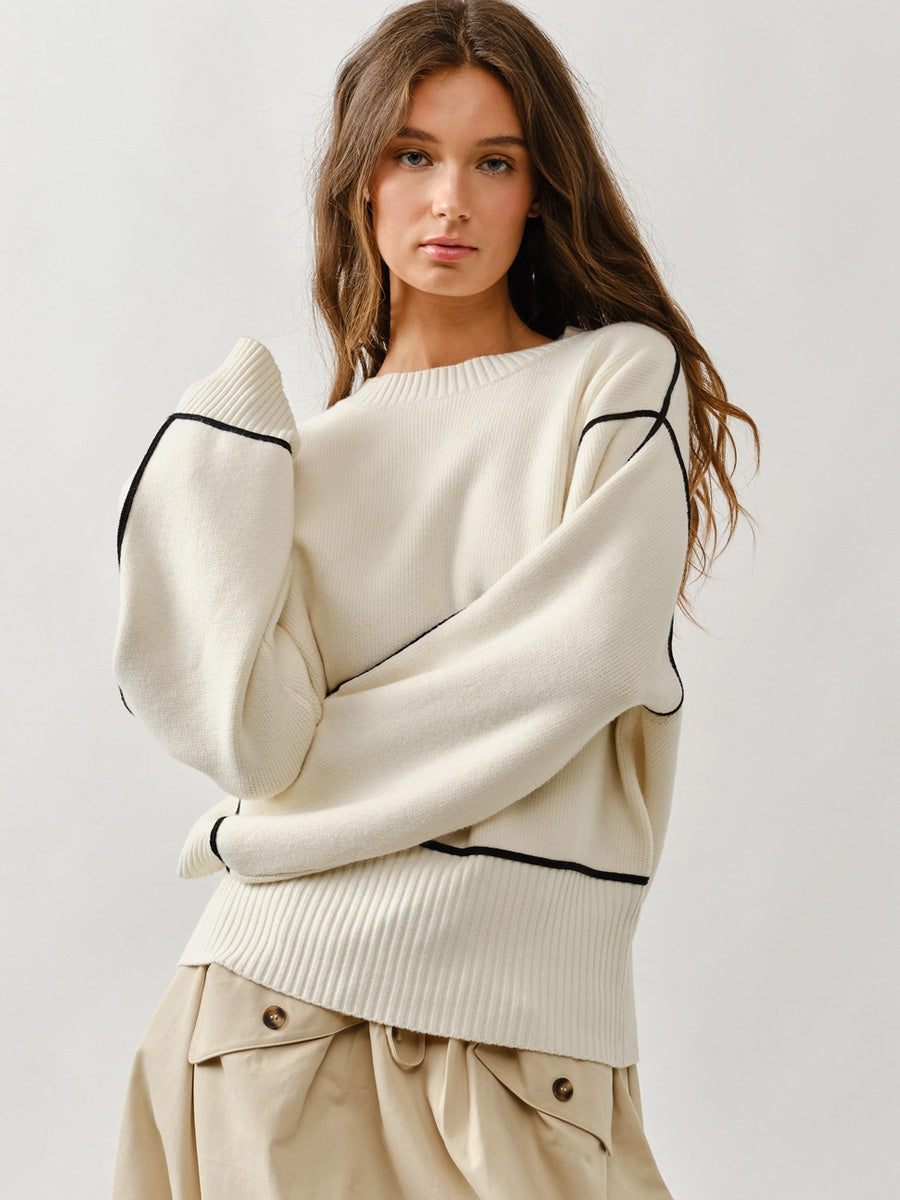 OVERSIZED CONTRAST STITCHING SWEATER - CREAM SWEATER -