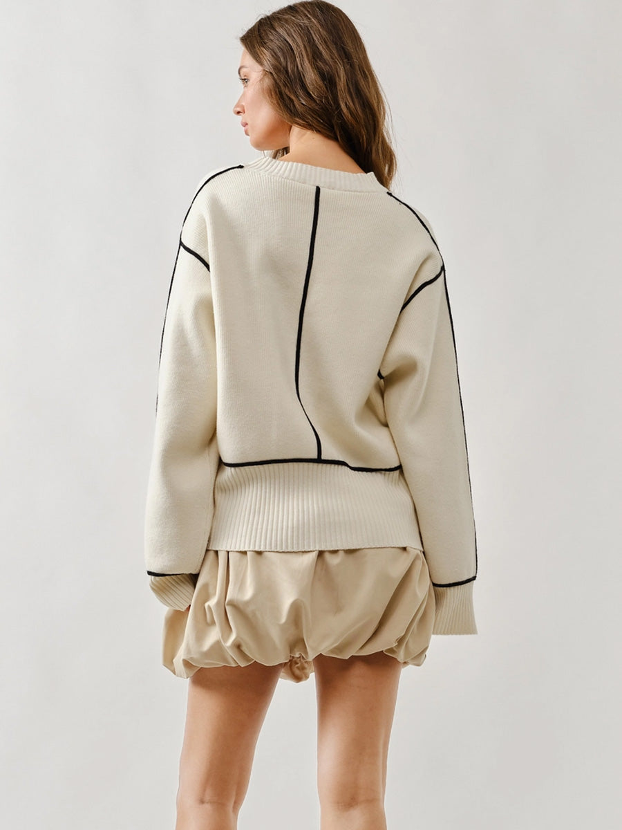 OVERSIZED CONTRAST STITCHING SWEATER - CREAM SWEATER -