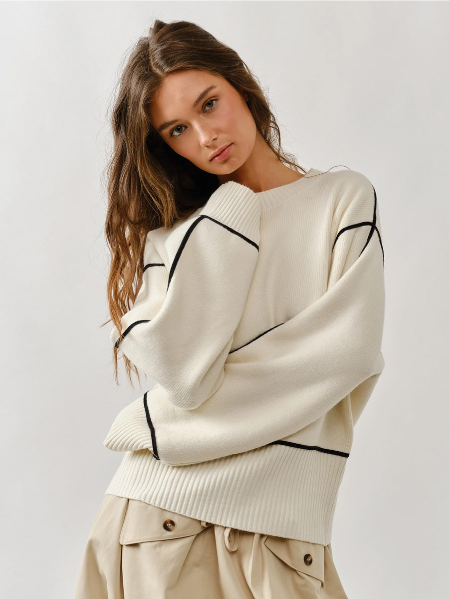 OVERSIZED CONTRAST STITCHING SWEATER - CREAM SWEATER -
