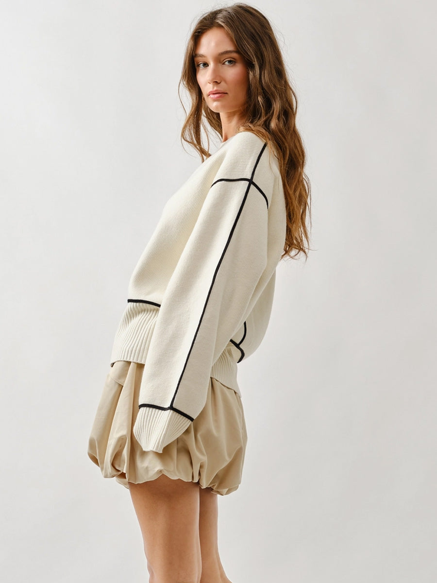 OVERSIZED CONTRAST STITCHING SWEATER - CREAM SWEATER -