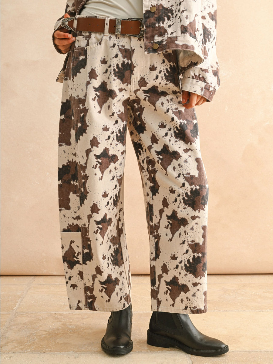 COW PRINTED BARREL JEAN PANT -